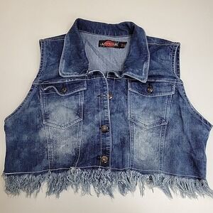 Ultra Love Jean Vest Preppy Frayed Raw Hem Pockets Y2K Medium Wash Blue Country